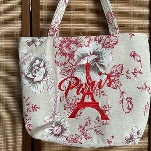 PARIS floral Embroidered Tote Bag - Red and Cream